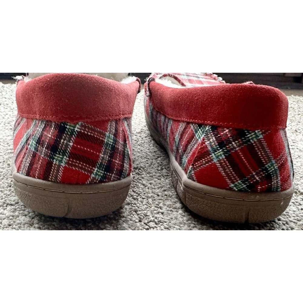 Lands’ End Red Plaid Faux Fur Lined Moccasin Slippers Men’s Size 10